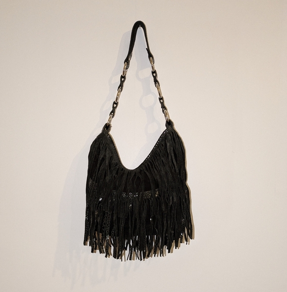 Pietro Alessandro Black Suede Snakeskin Fringe Shoulder Bag - Picture 5 of 8